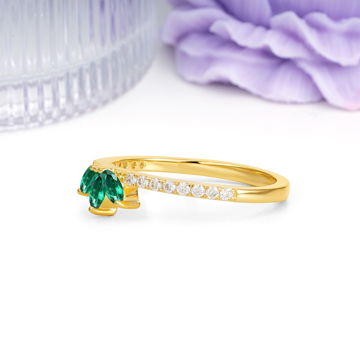 Brilliant Pave Marquise Cut Three‑Stone Emerald Wedding Ring - Additional view