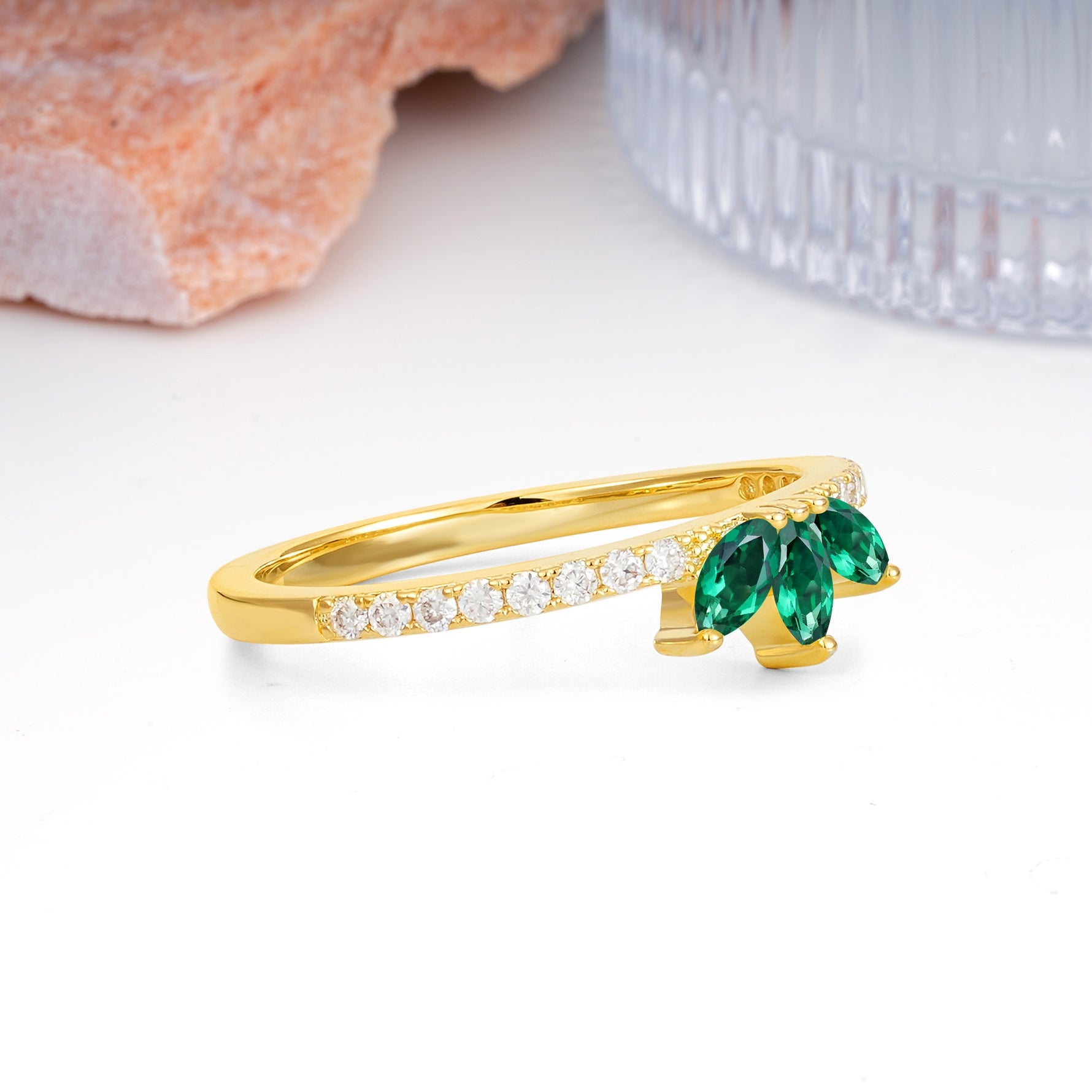 Brilliant Pave Marquise Cut Three‑Stone Emerald Wedding Ring - Additional view
