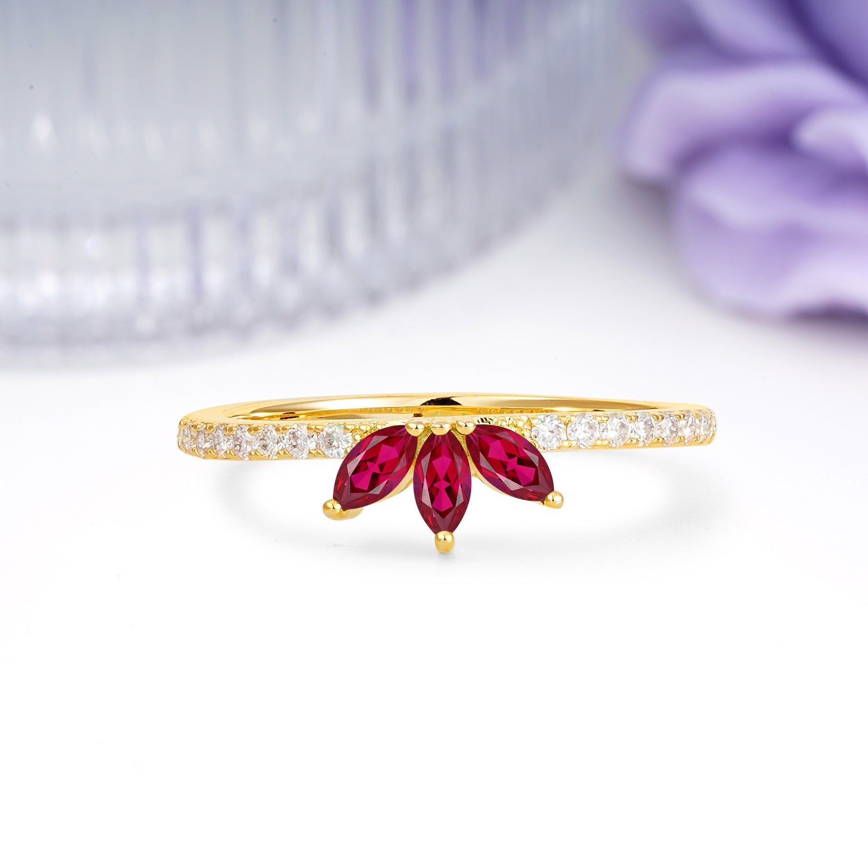 Brilliant Pave Marquise Cut Three‑Stone Ruby Wedding Ring - Additional view