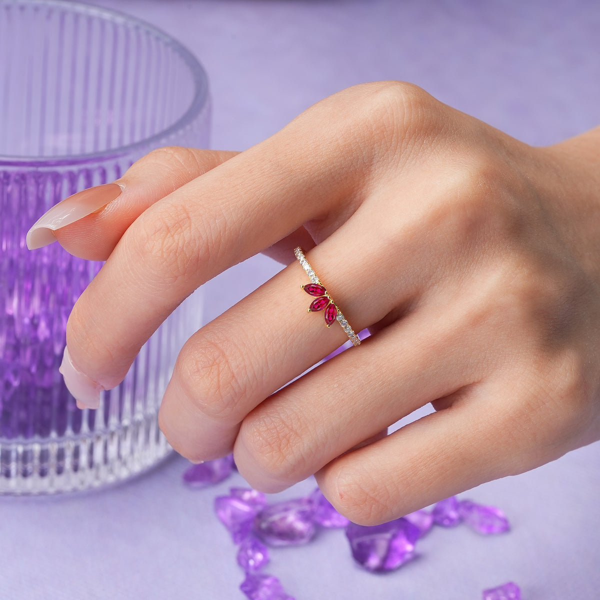 Brilliant Pave Marquise Cut Three‑Stone Ruby Wedding Ring - Additional view