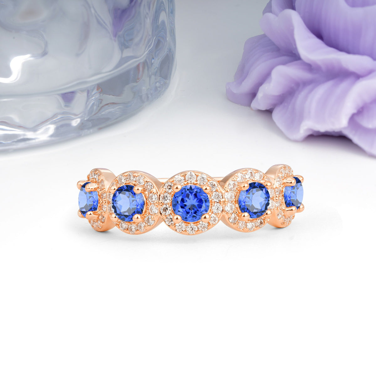 Brilliant Pave Halo Five‑Stone Sapphire Wedding Ring - Additional view