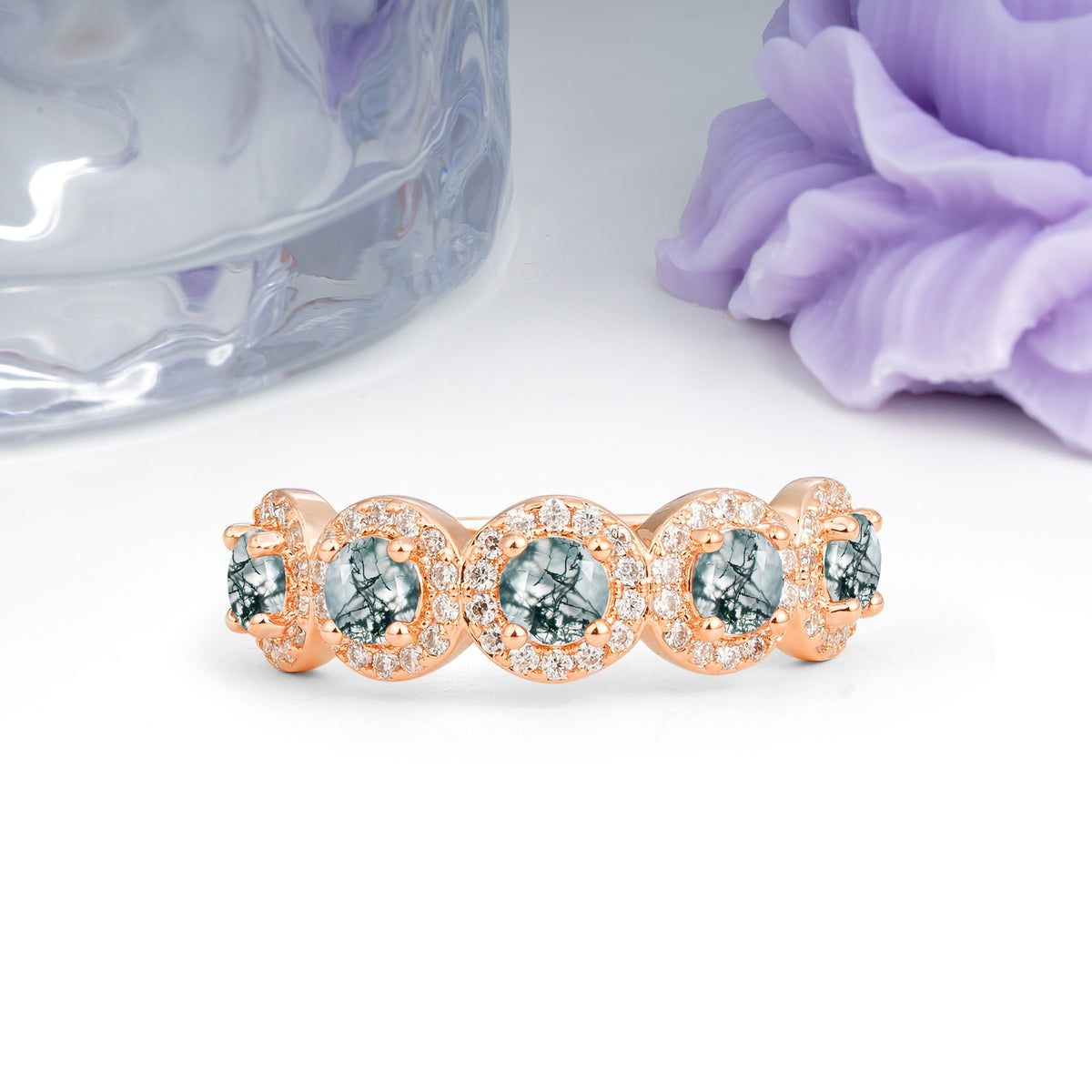 Brilliant Pave Halo Five‑Stone Moss Agate Wedding Ring - Additional view