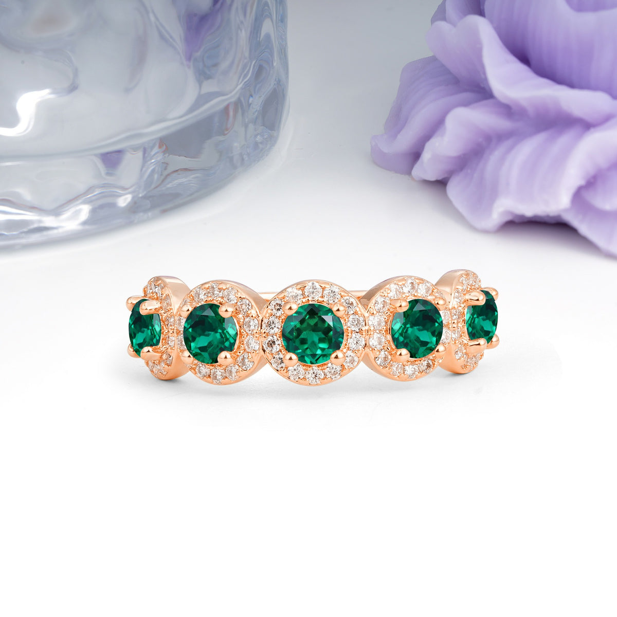 Brilliant Pave Halo Five‑Stone Emerald Wedding Ring - Additional view