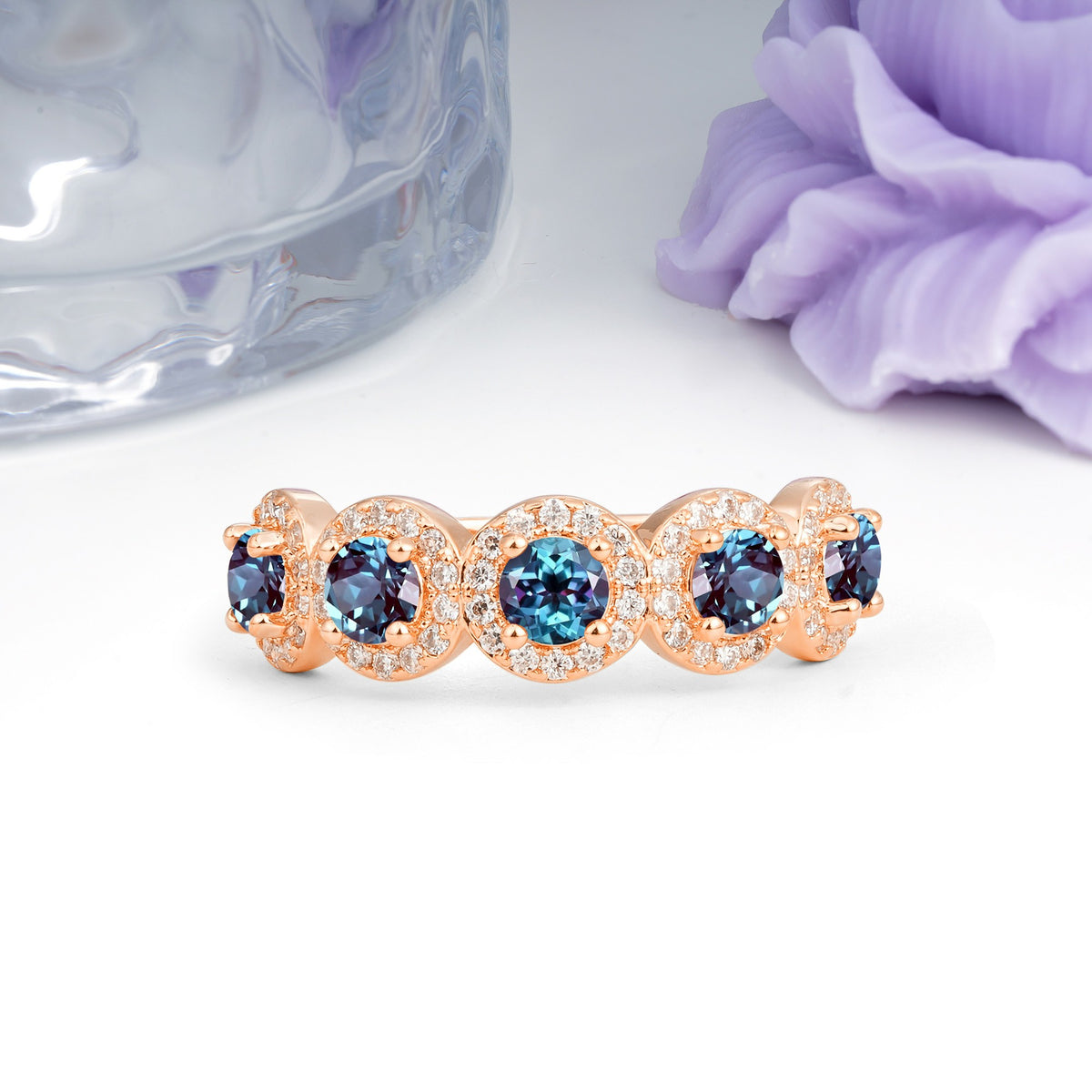 Brilliant Pave Halo Five‑Stone Alexandrite Wedding Ring - Additional view
