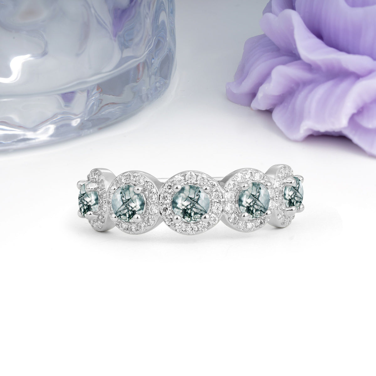 Brilliant Pave Halo Five‑Stone Moss Agate Wedding Ring - Additional view