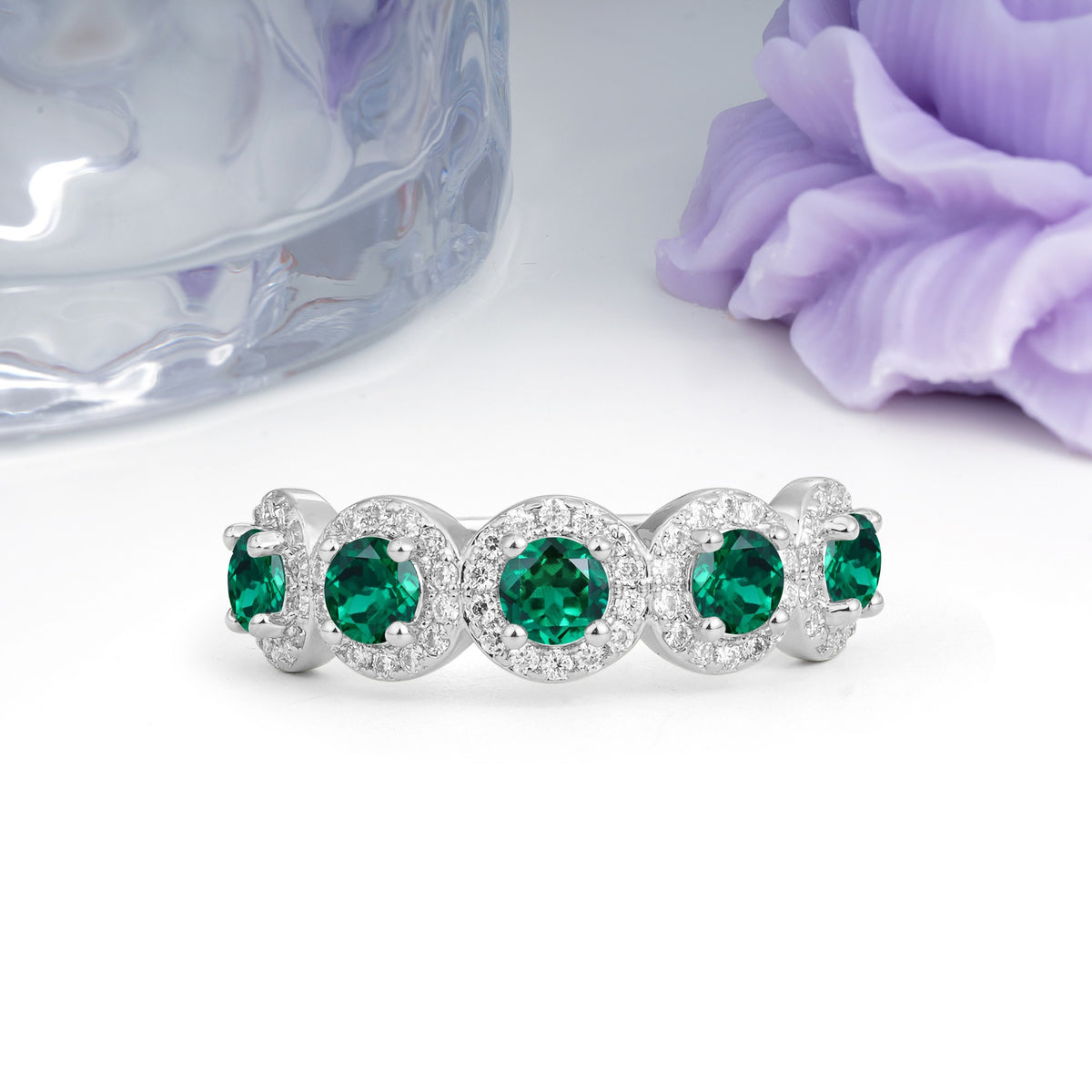 Brilliant Pave Halo Five‑Stone Emerald Wedding Ring - Additional view
