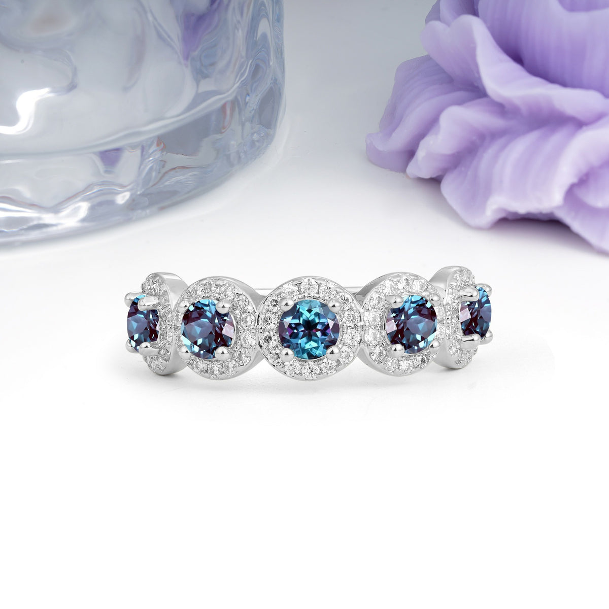 Brilliant Pave Halo Five‑Stone Alexandrite Wedding Ring - Additional view