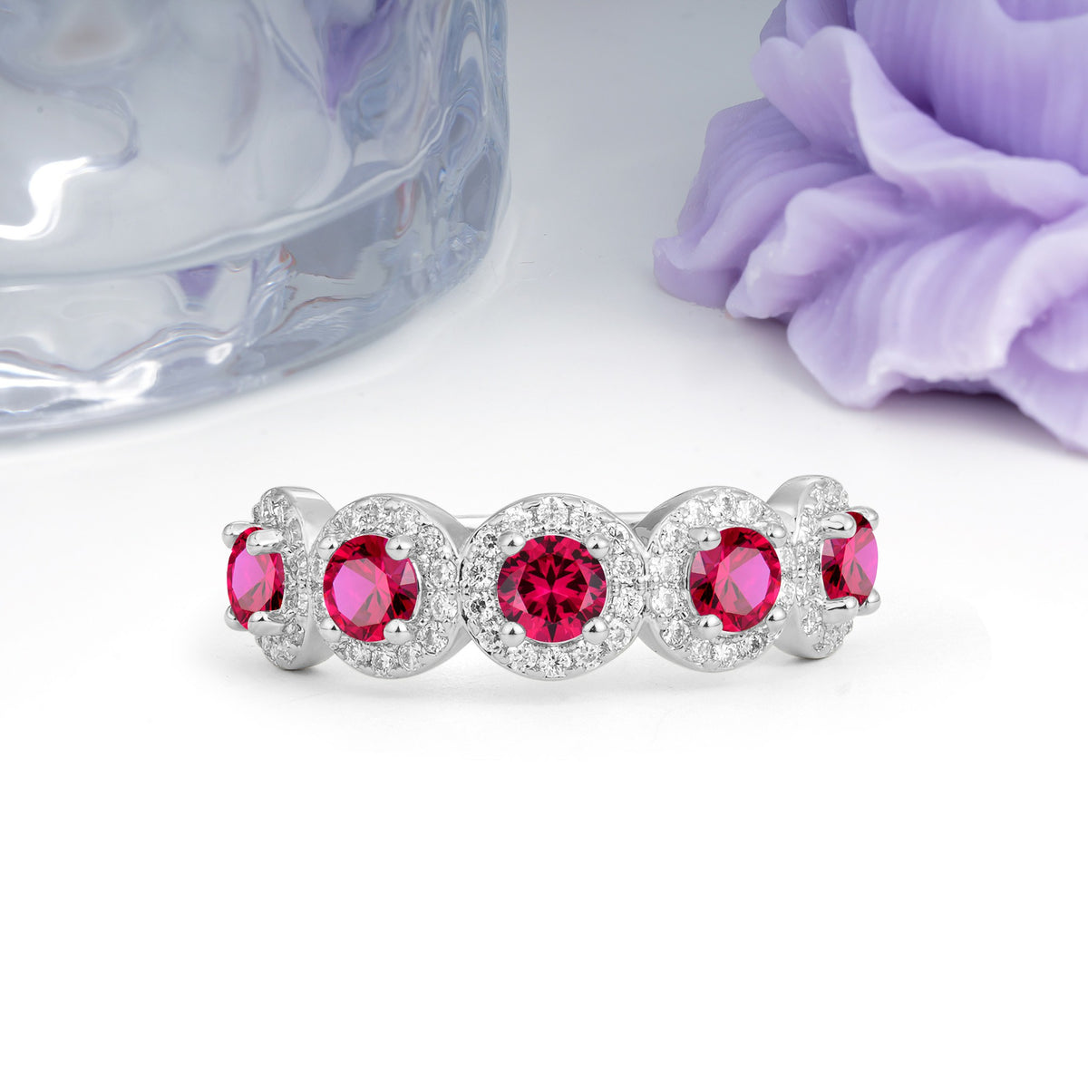 Brilliant Pave Halo Five‑Stone Ruby Wedding Ring - Additional view