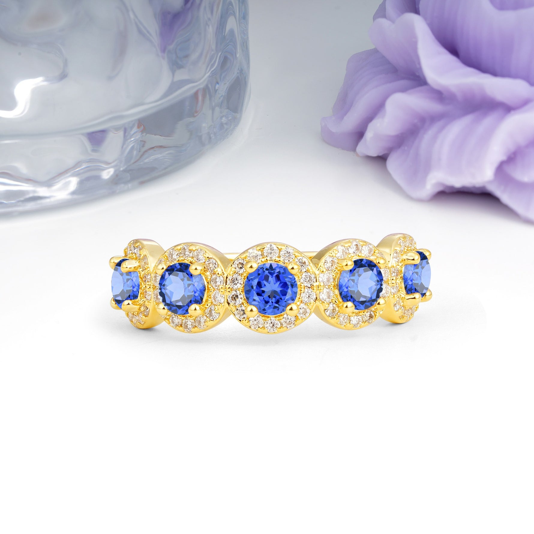 Brilliant Pave Halo Five‑Stone Sapphire Wedding Ring - Additional view
