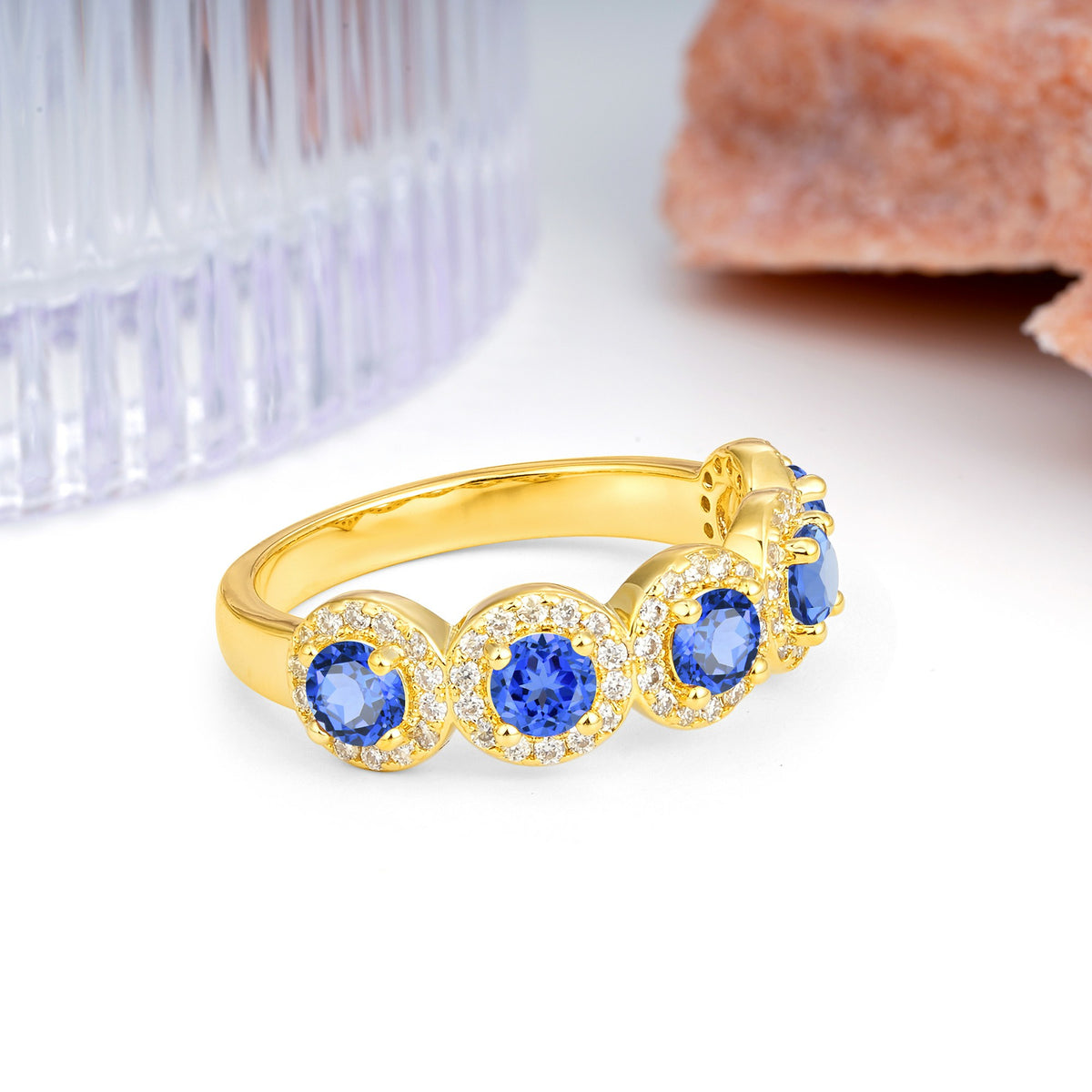 Brilliant Pave Halo Five‑Stone Sapphire Wedding Ring - Additional view