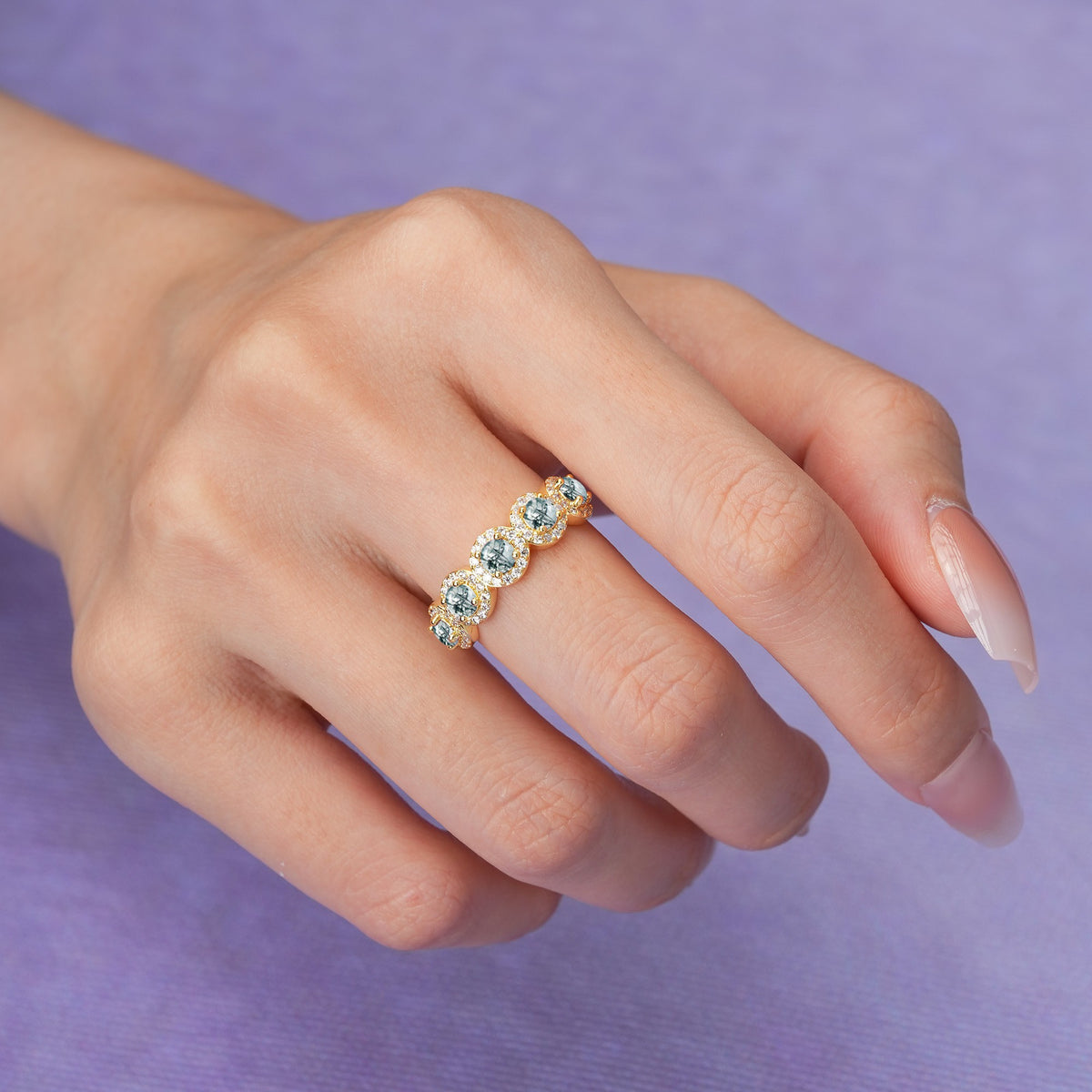 Brilliant Pave Halo Five‑Stone Moss Agate Wedding Ring - Additional view