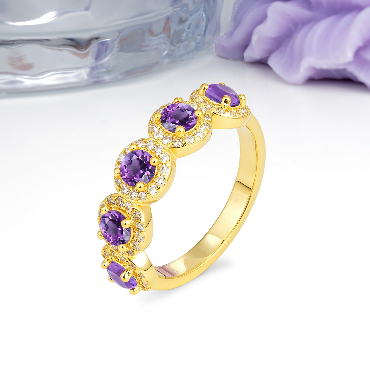 Brilliant Pave Halo Five‑Stone Amethyst Wedding Ring - Additional view
