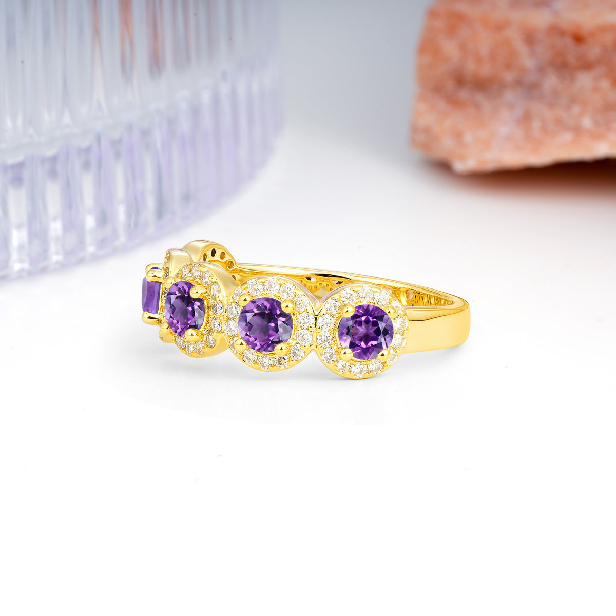 Brilliant Pave Halo Five‑Stone Amethyst Wedding Ring - Additional view