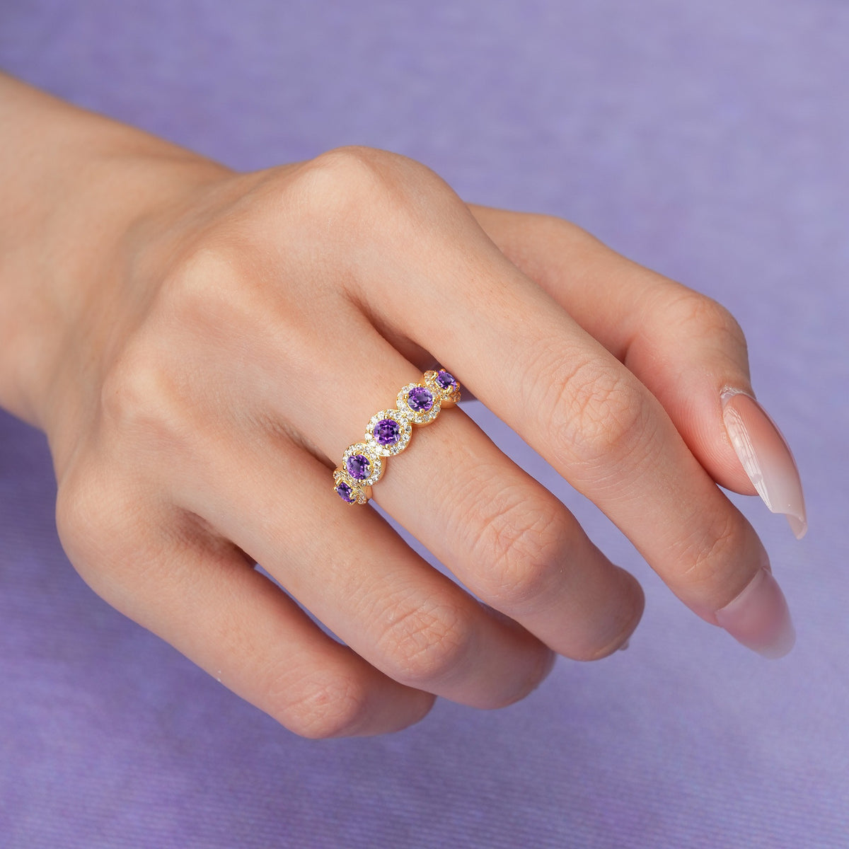 Brilliant Pave Halo Five‑Stone Amethyst Wedding Ring - Additional view