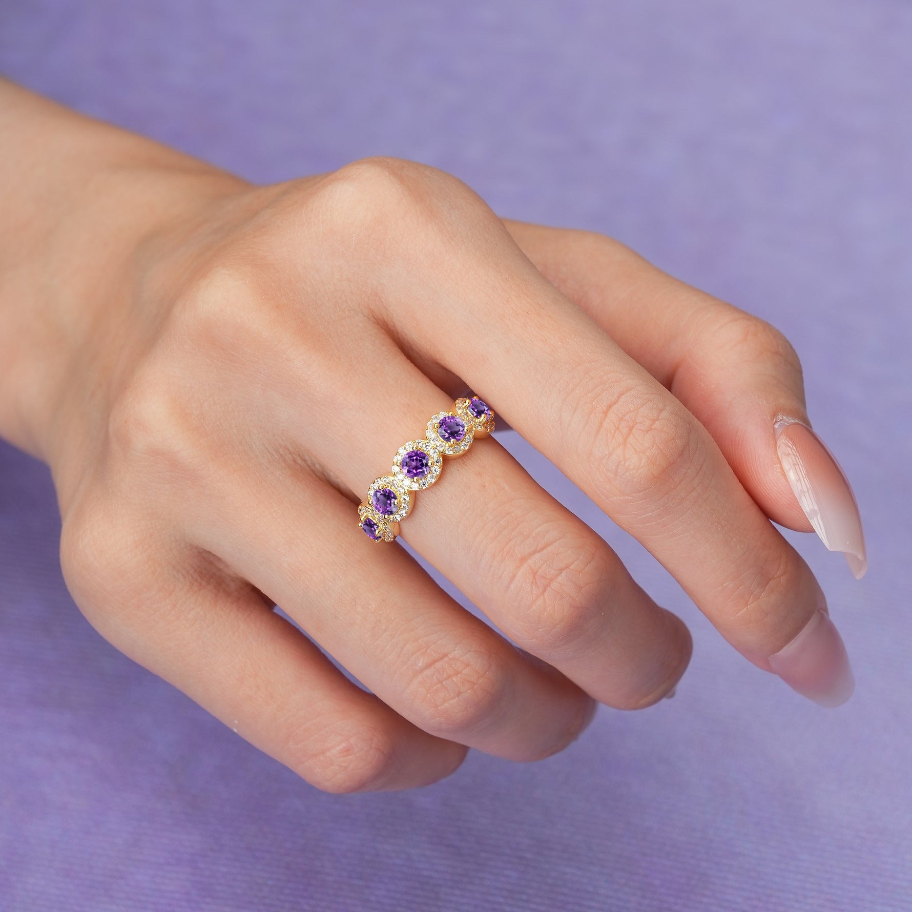 Brilliant Pave Halo Five‑Stone Amethyst Wedding Ring - Additional view