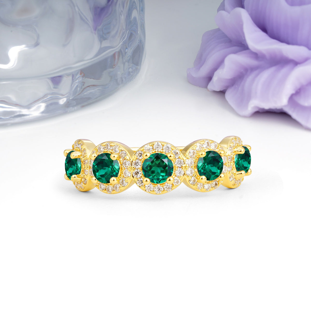 Brilliant Pave Halo Five‑Stone Emerald Wedding Ring - Additional view
