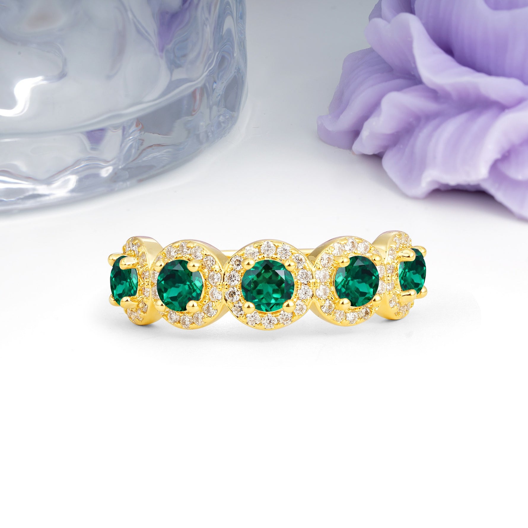 Brilliant Pave Halo Five‑Stone Emerald Wedding Ring - Additional view