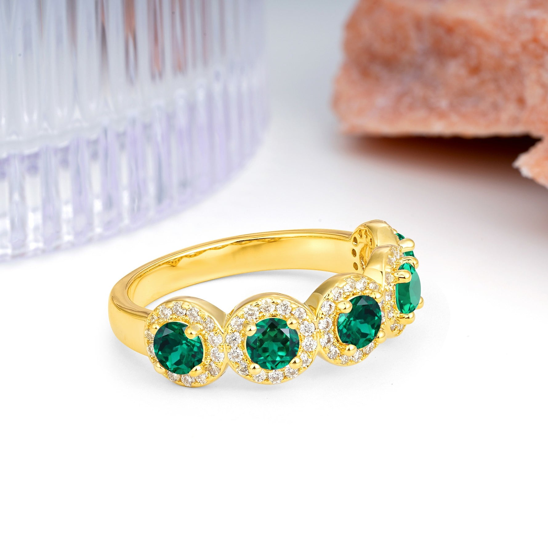 Brilliant Pave Halo Five‑Stone Emerald Wedding Ring - Additional view
