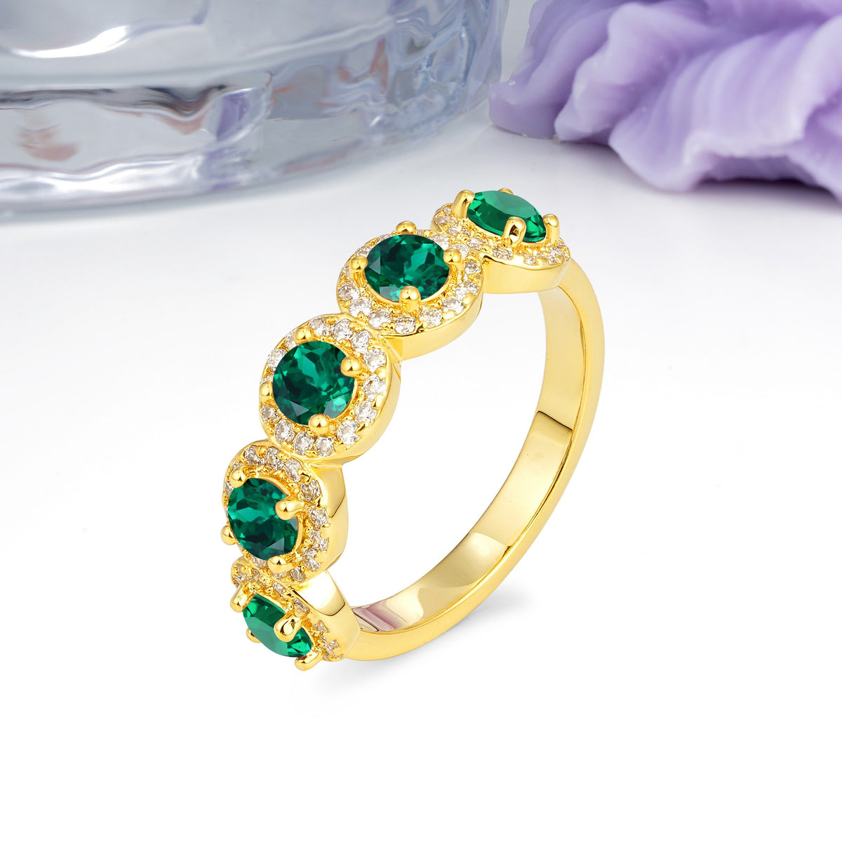 Brilliant Pave Halo Five‑Stone Emerald Wedding Ring - Additional view