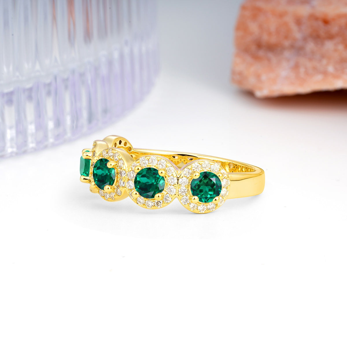 Brilliant Pave Halo Five‑Stone Emerald Wedding Ring - Additional view