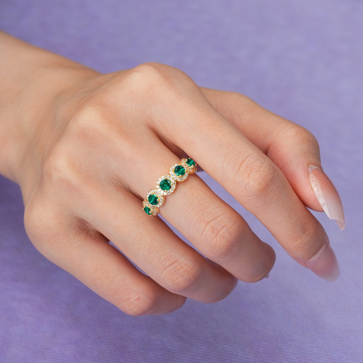 Brilliant Pave Halo Five‑Stone Emerald Wedding Ring - Additional view