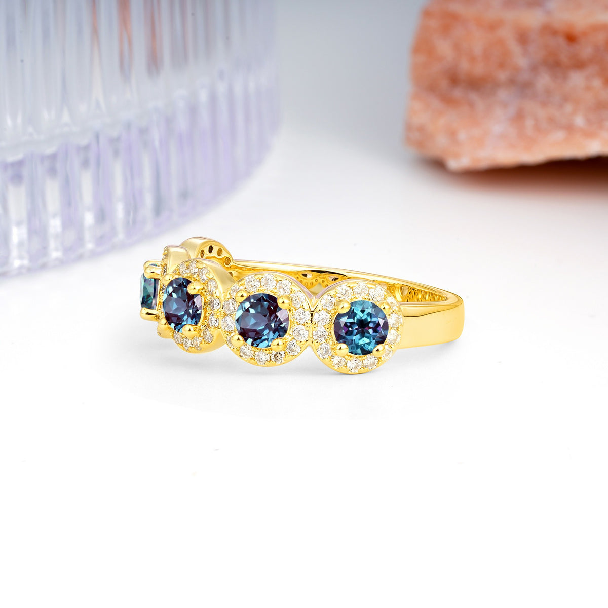 Brilliant Pave Halo Five‑Stone Alexandrite Wedding Ring - Additional view