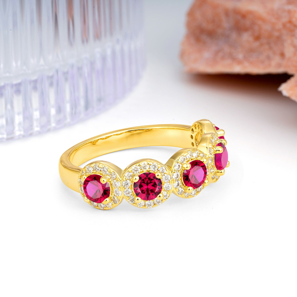 Brilliant Pave Halo Five‑Stone Ruby Wedding Ring - Additional view