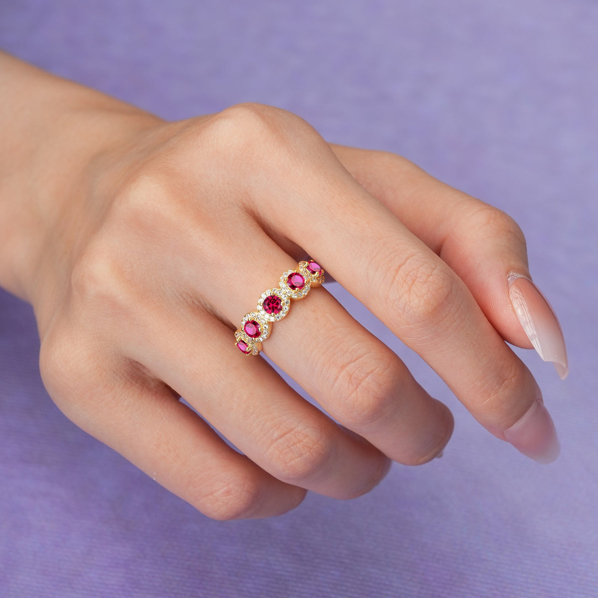 Brilliant Pave Halo Five‑Stone Ruby Wedding Ring - Additional view