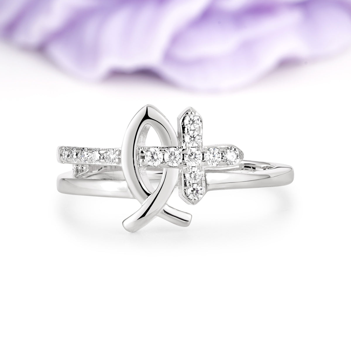 Elegant Hollow Fish Outline Full Micro Pave Christian Cross Moissanite Wedding Ring - Additional view