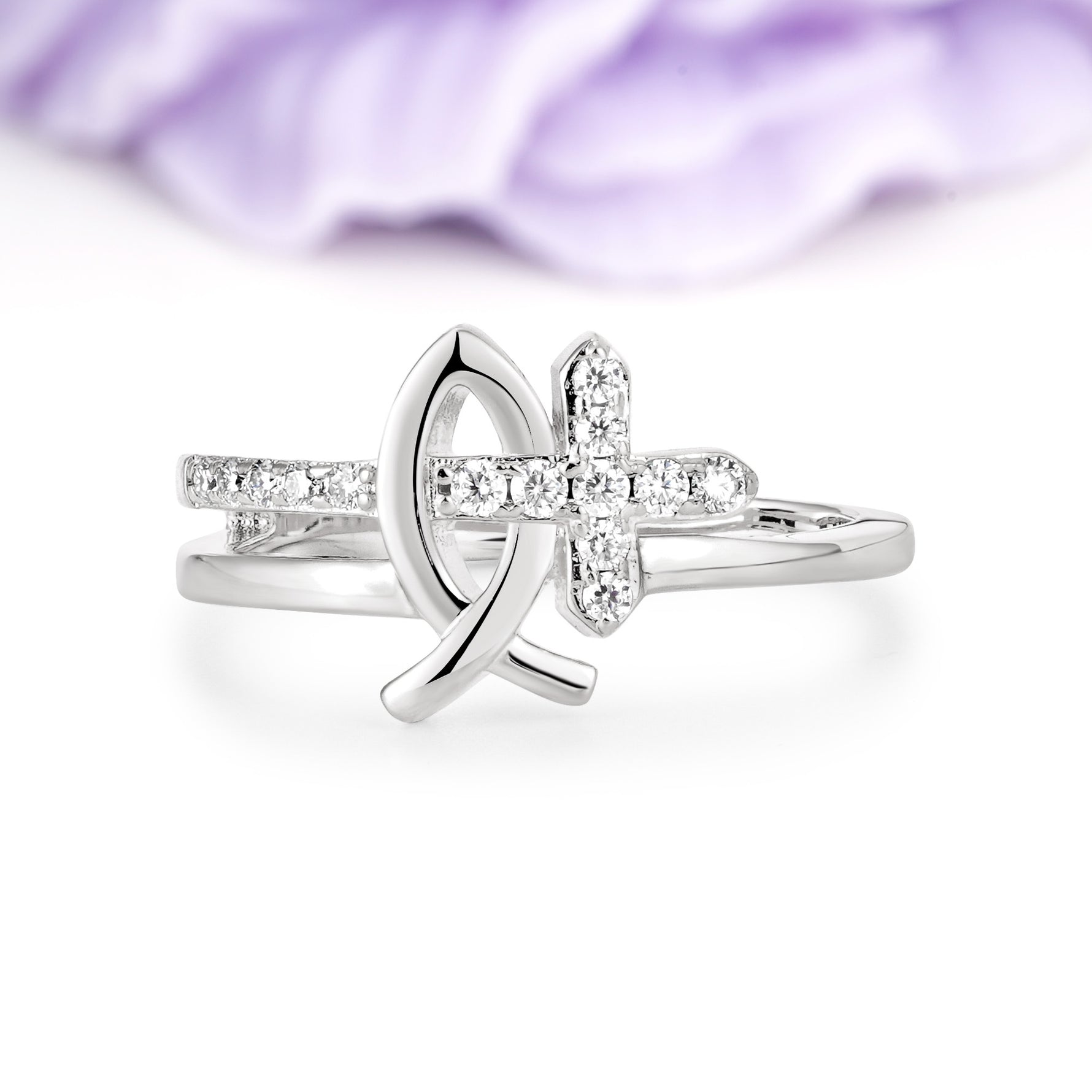 Elegant Hollow Fish Outline Full Micro Pave Christian Cross Moissanite Wedding Ring - Additional view