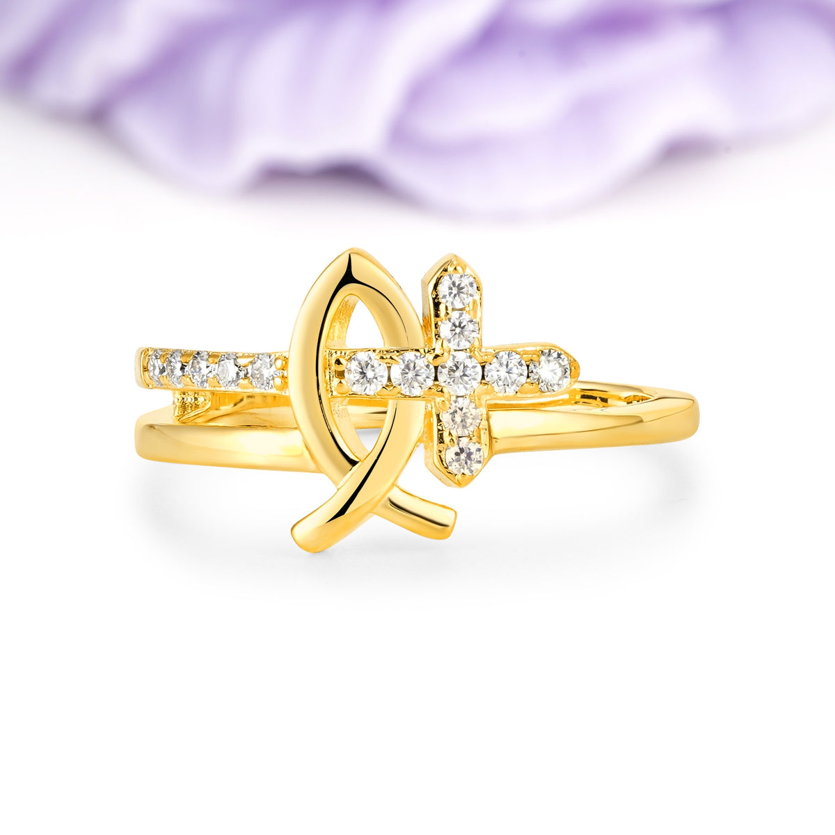 Elegant Hollow Fish Outline Full Micro Pave Christian Cross Moissanite Wedding Ring - Additional view