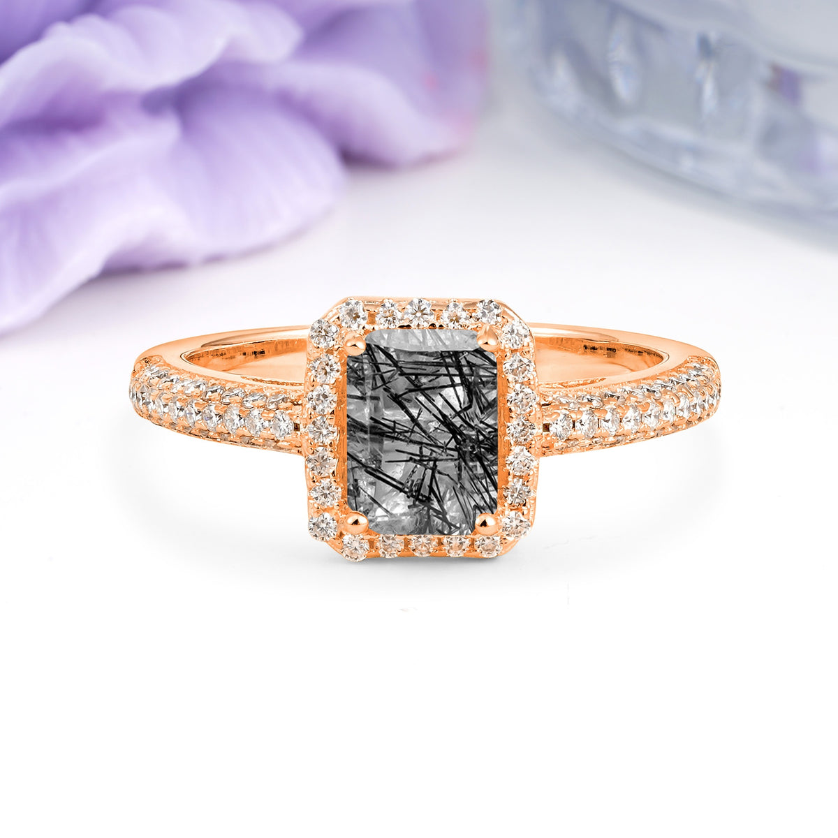 Luxurious Vintage 4 Prong Emerald Cut Black Rutilated Quartz Engagement Ring - Additional view