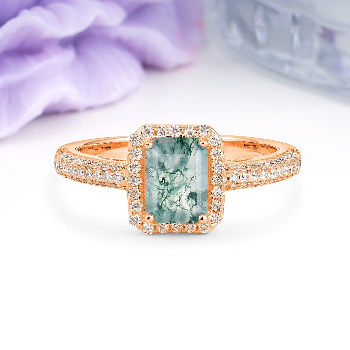 Luxurious Vintage 4 Prong Emerald Cut Moss Agate Engagement Ring - Additional view
