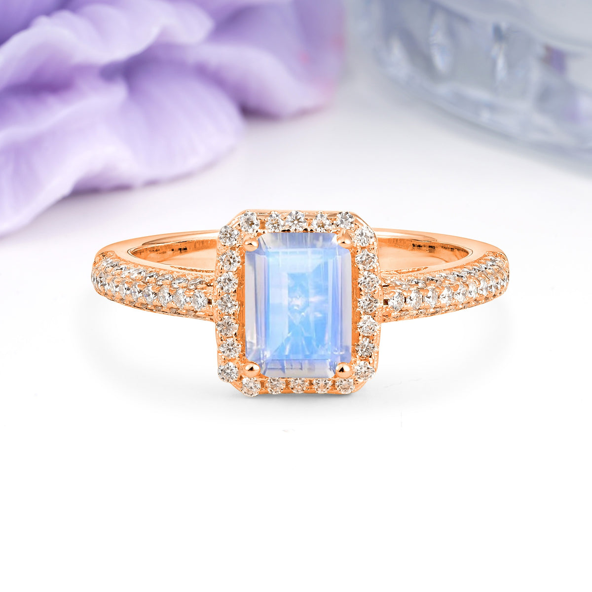 Luxurious Vintage 4 Prong Emerald Cut Moonstone Engagement Ring - Additional view