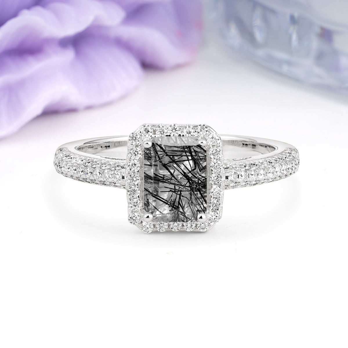 Luxurious Vintage 4 Prong Emerald Cut Black Rutilated Quartz Engagement Ring - Additional view