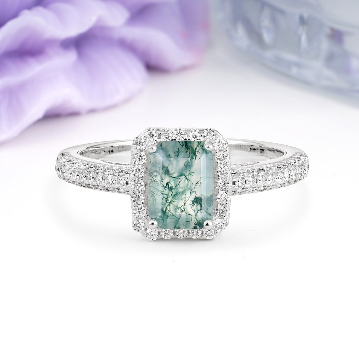 Luxurious Vintage 4 Prong Emerald Cut Moss Agate Engagement Ring - Additional view