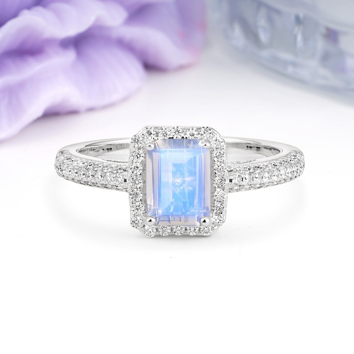Luxurious Vintage 4 Prong Emerald Cut Moonstone Engagement Ring - Additional view