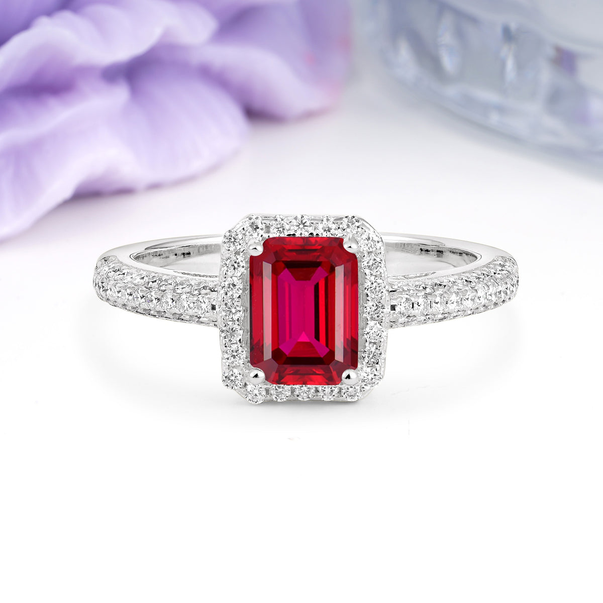 Luxurious Vintage 4 Prong Emerald Cut Ruby Engagement Ring - Additional view