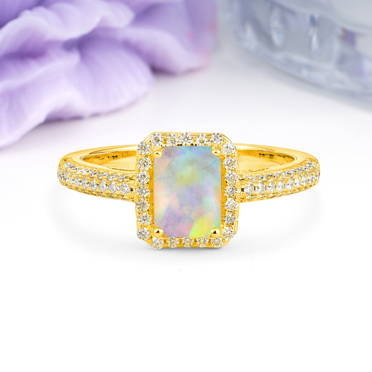 Luxurious Vintage 4 Prong Emerald Cut Fire Opal Engagement Ring - Additional view