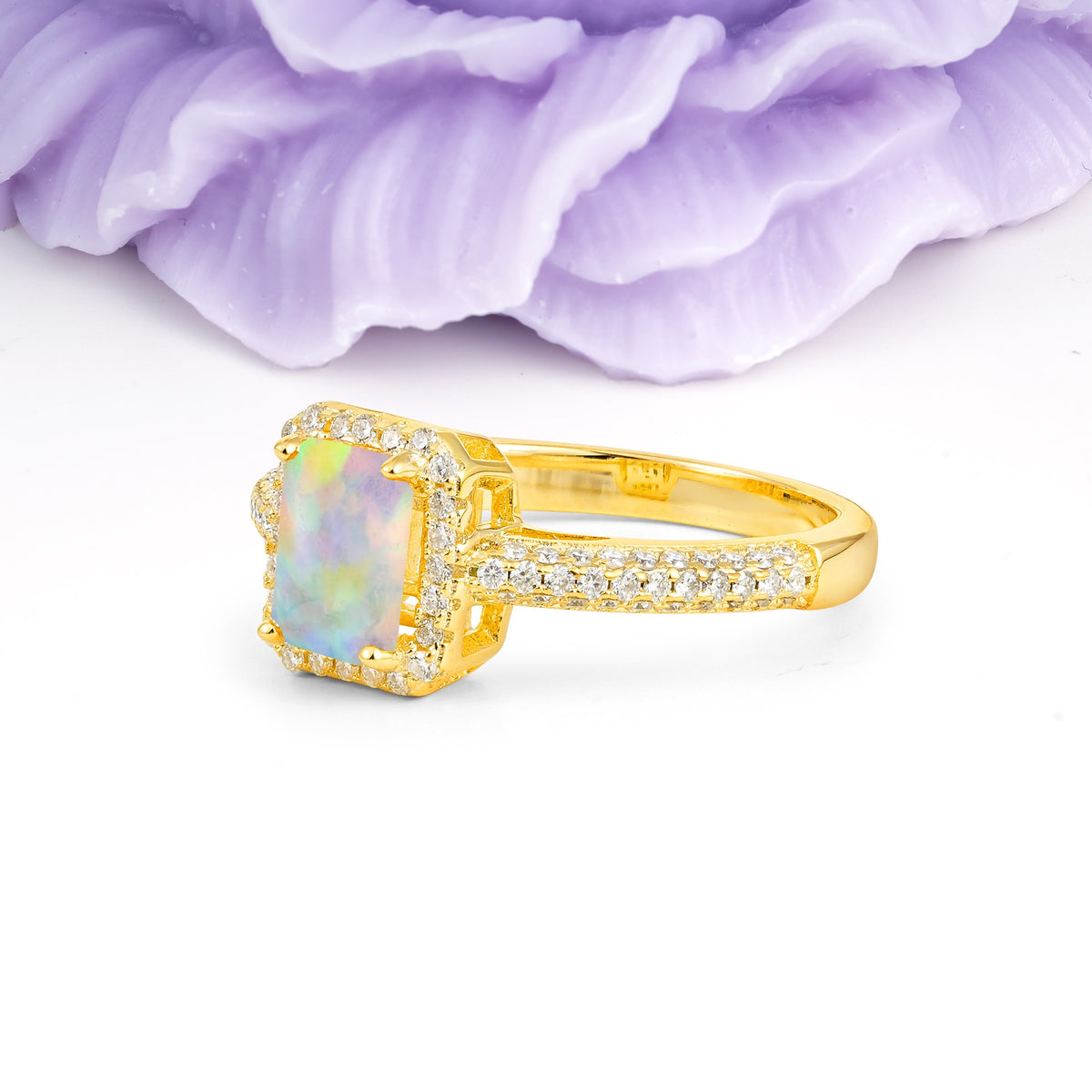 Luxurious Vintage 4 Prong Emerald Cut Fire Opal Engagement Ring - Additional view