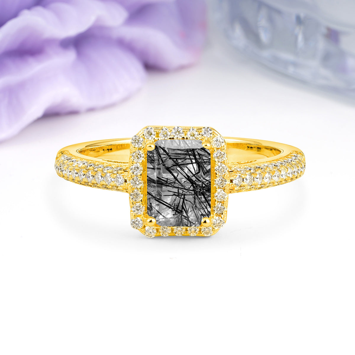 Luxurious Vintage 4 Prong Emerald Cut Black Rutilated Quartz Engagement Ring - Additional view