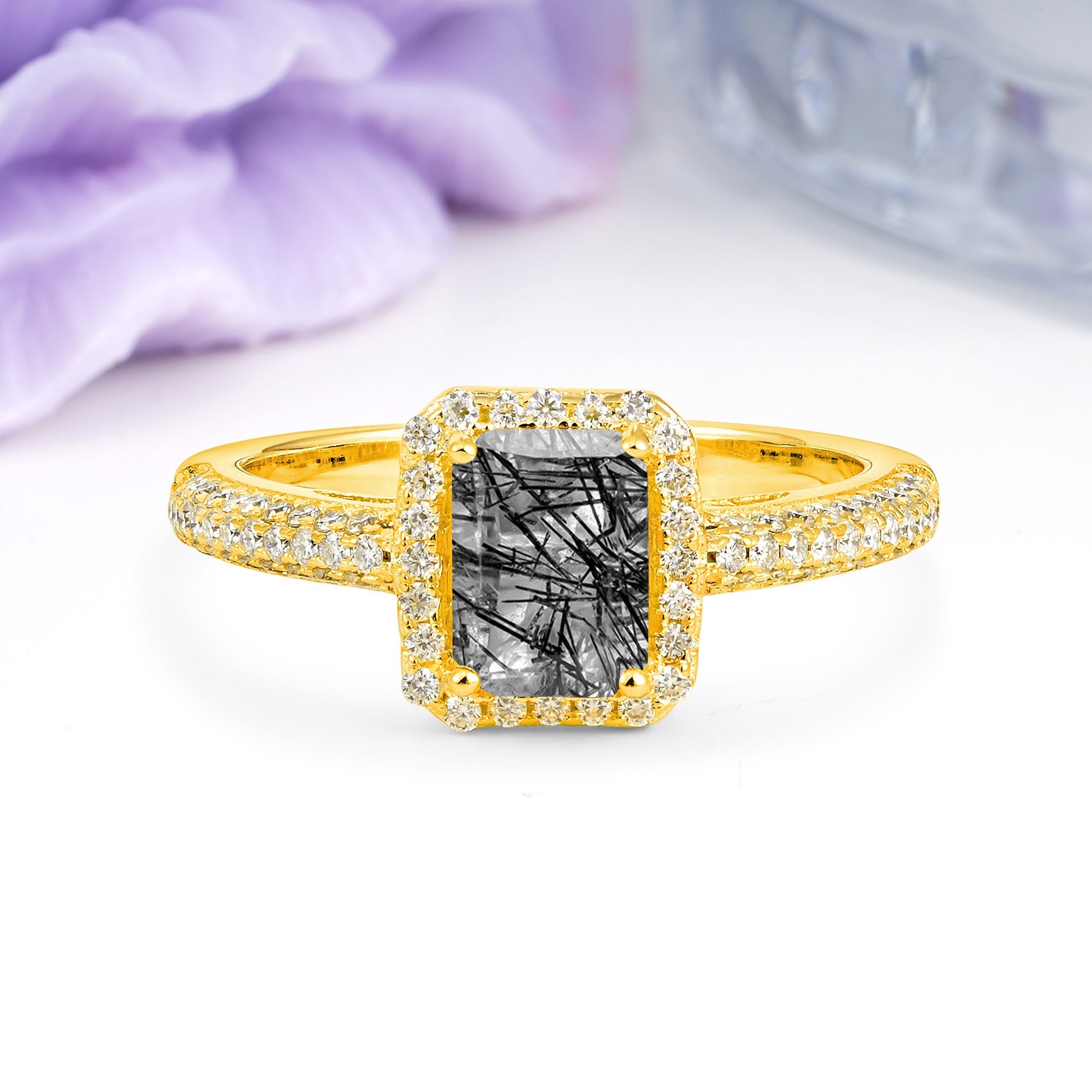 Luxurious Vintage 4 Prong Emerald Cut Black Rutilated Quartz Engagement Ring - Additional view