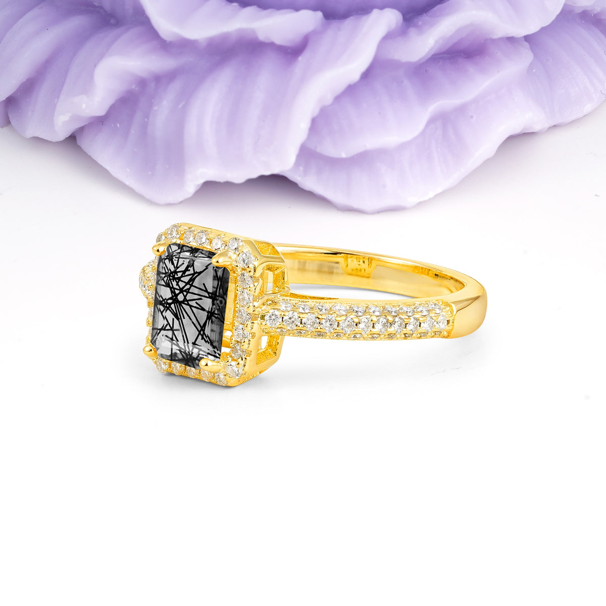 Luxurious Vintage 4 Prong Emerald Cut Black Rutilated Quartz Engagement Ring - Additional view