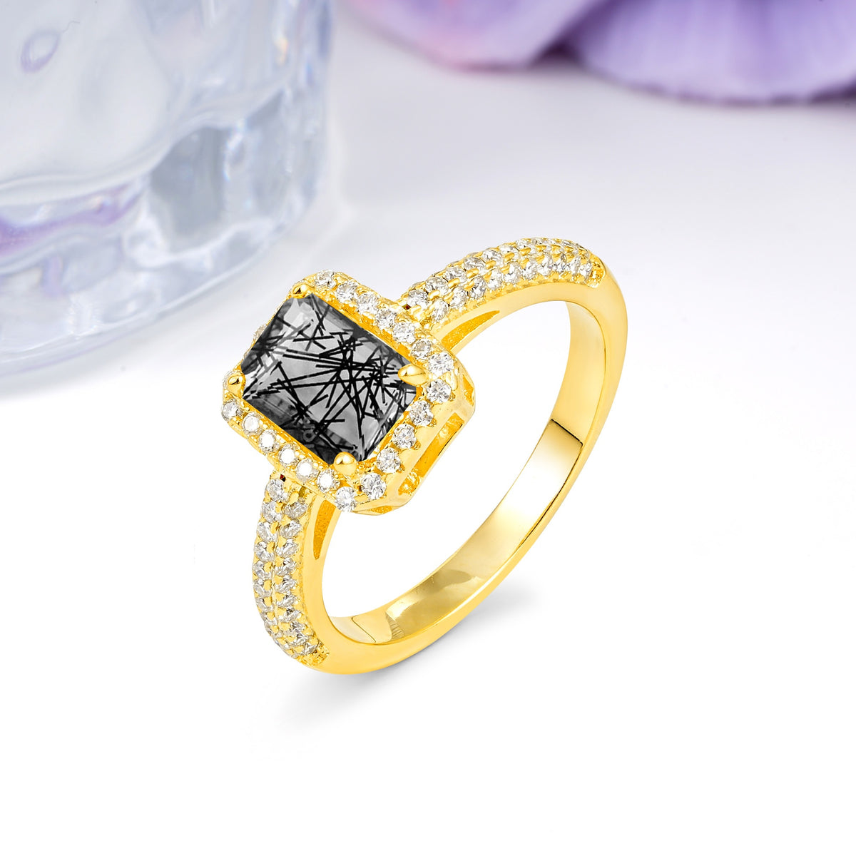 Luxurious Vintage 4 Prong Emerald Cut Black Rutilated Quartz Engagement Ring - Additional view