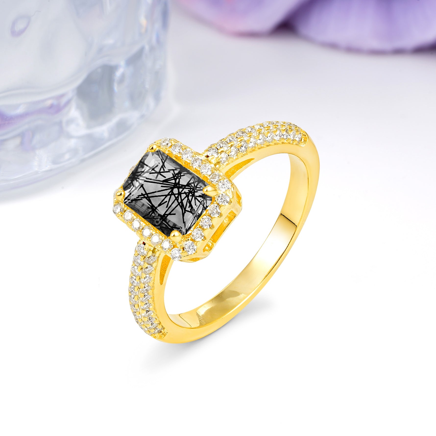 Luxurious Vintage 4 Prong Emerald Cut Black Rutilated Quartz Engagement Ring - Additional view