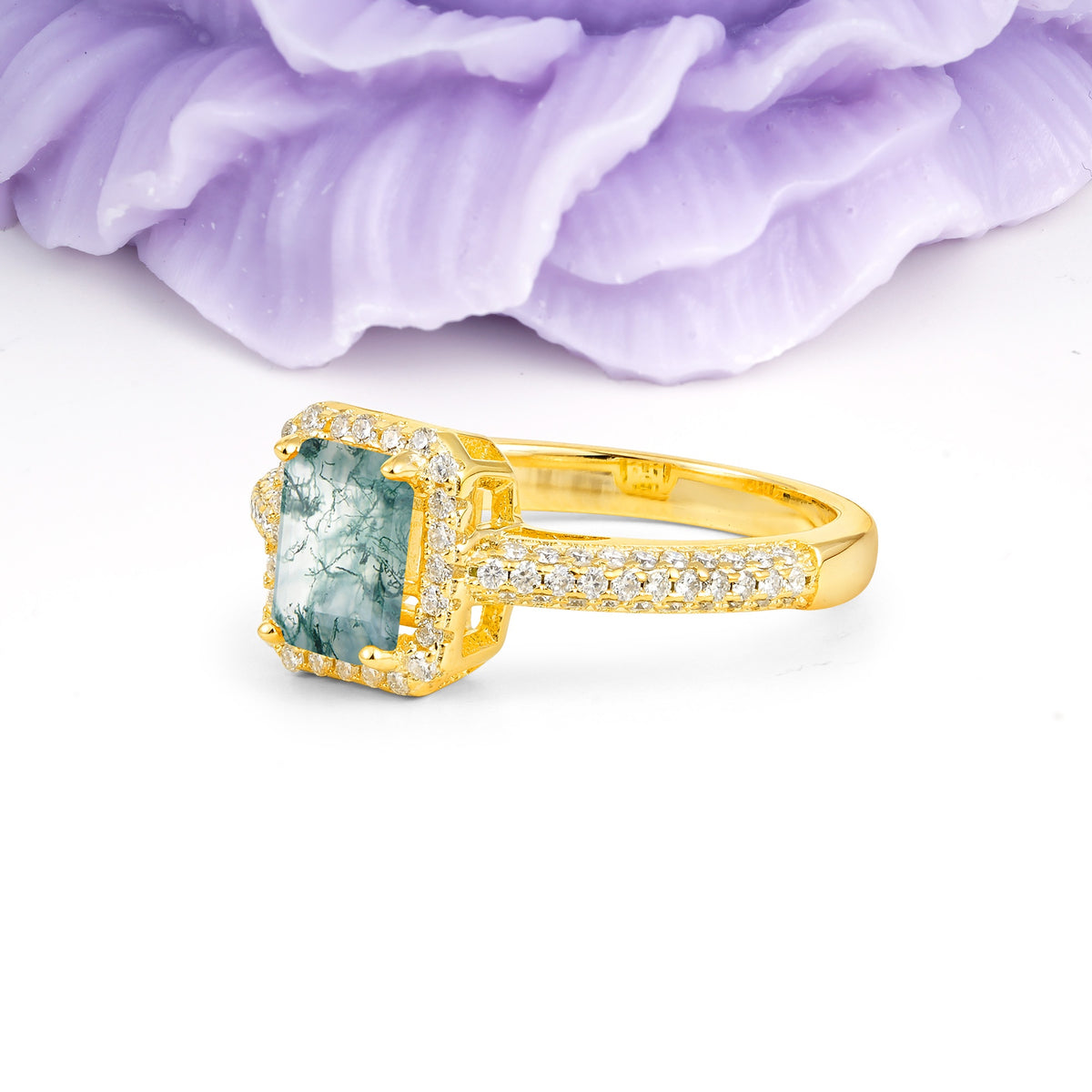 Luxurious Vintage 4 Prong Emerald Cut Moss Agate Engagement Ring - Additional view
