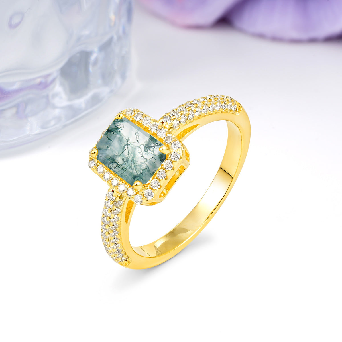 Luxurious Vintage 4 Prong Emerald Cut Moss Agate Engagement Ring - Additional view