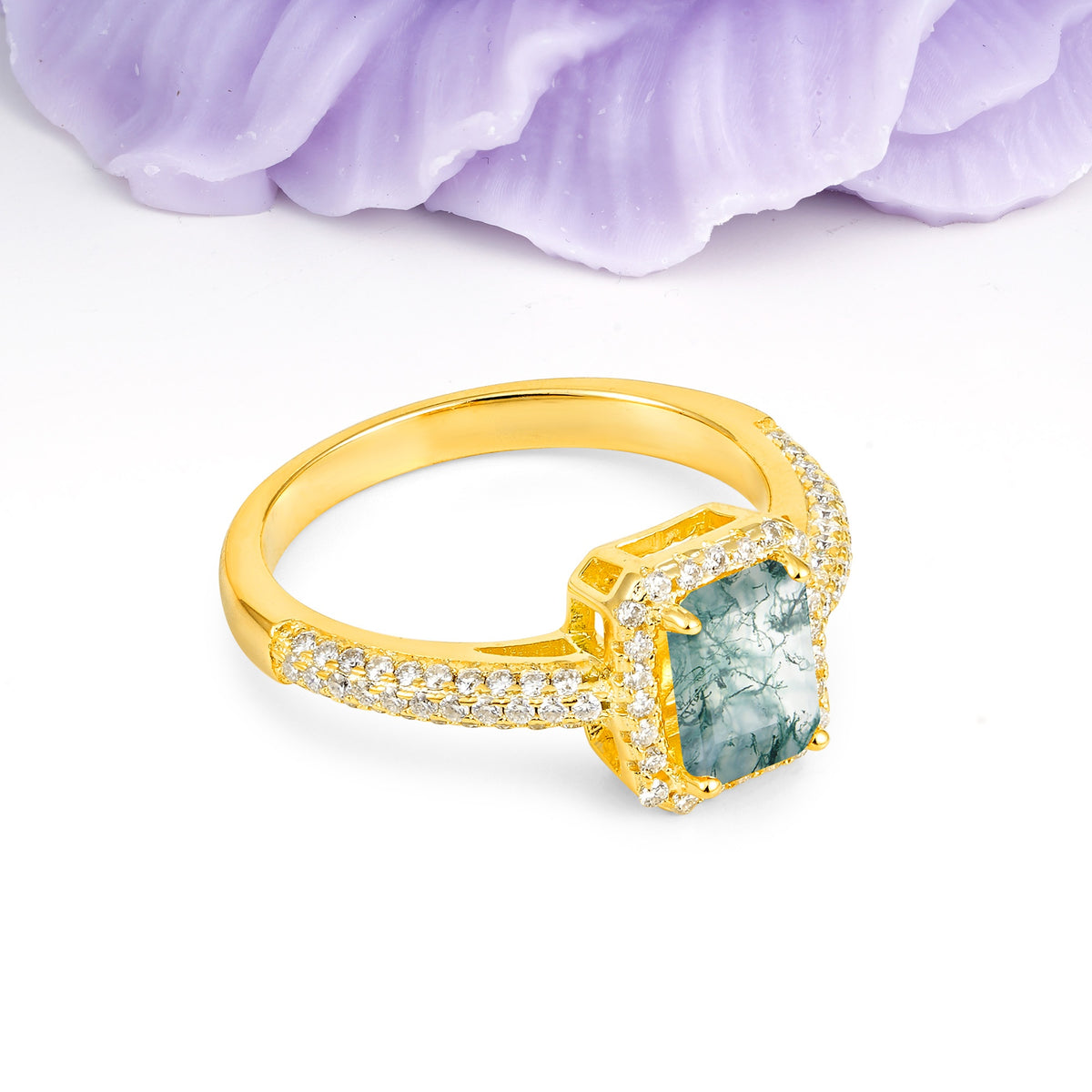 Luxurious Vintage 4 Prong Emerald Cut Moss Agate Engagement Ring - Additional view