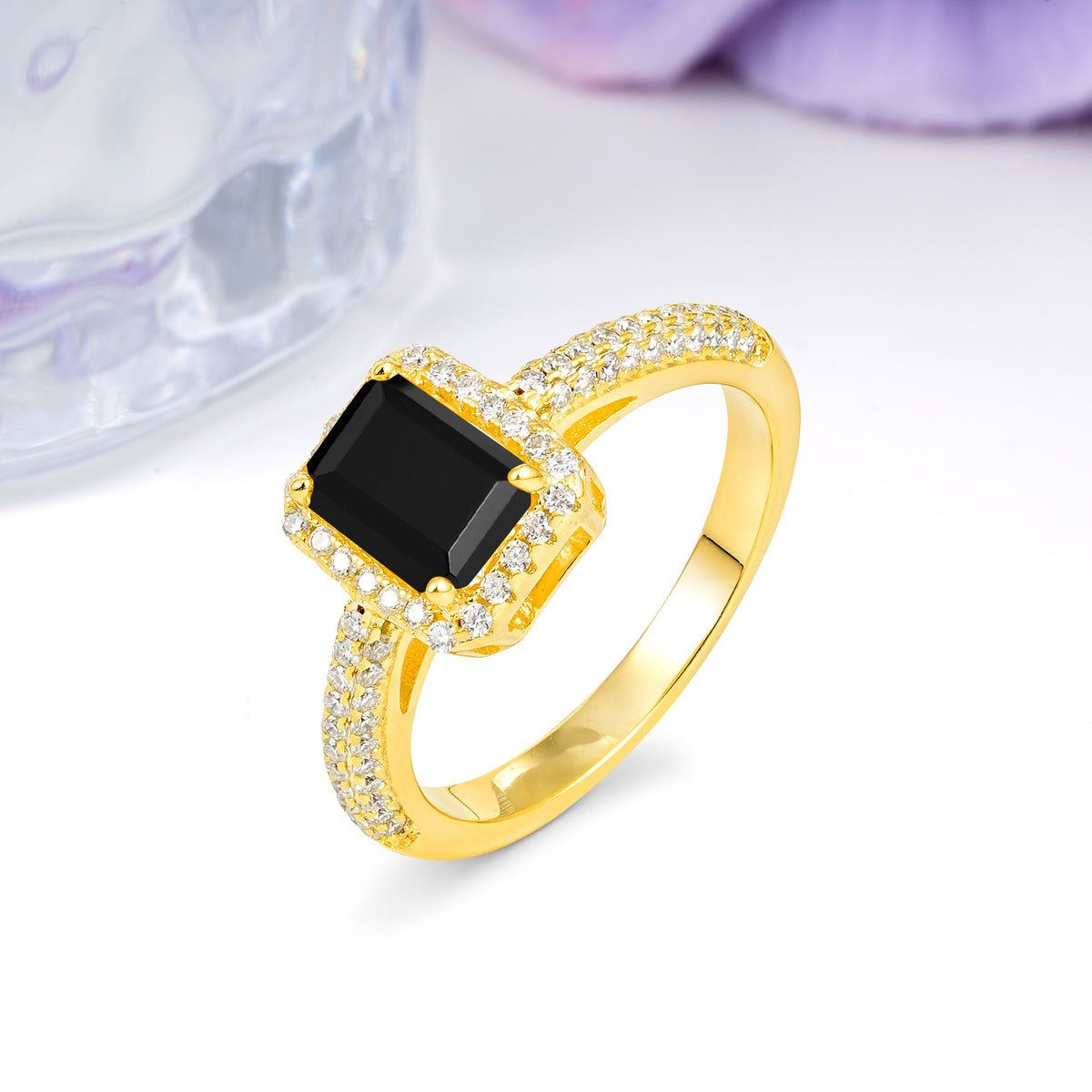 Luxurious Vintage 4 Prong Emerald Cut Black Onyx Engagement Ring - Additional view