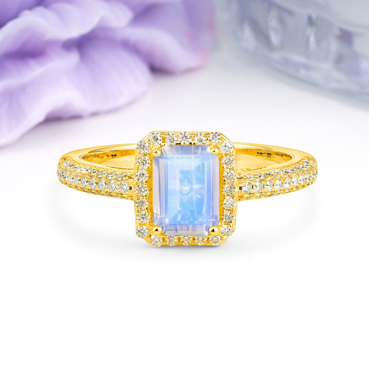 Luxurious Vintage 4 Prong Emerald Cut Moonstone Engagement Ring - Additional view